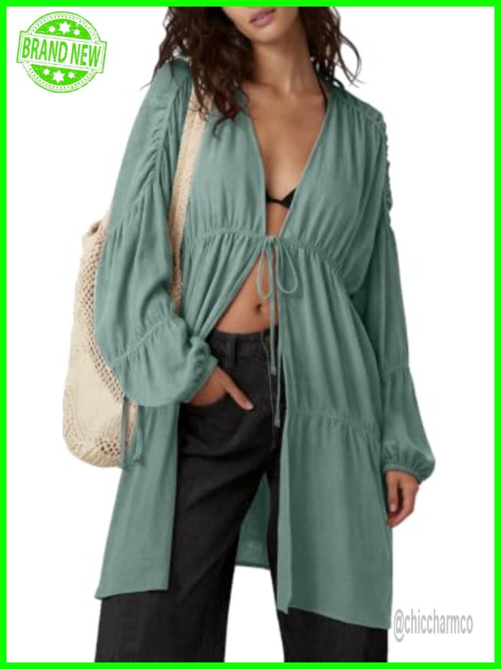 Linen-Blend Kimono Duster Tie Front Coverup with Pockets